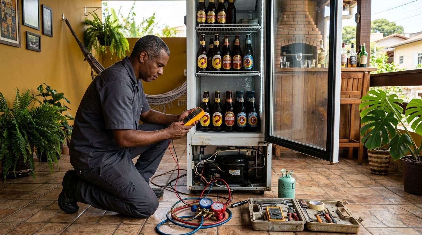 Placa eletrônica de cervejeira em reparo na bancada em João Pessoa‑PB