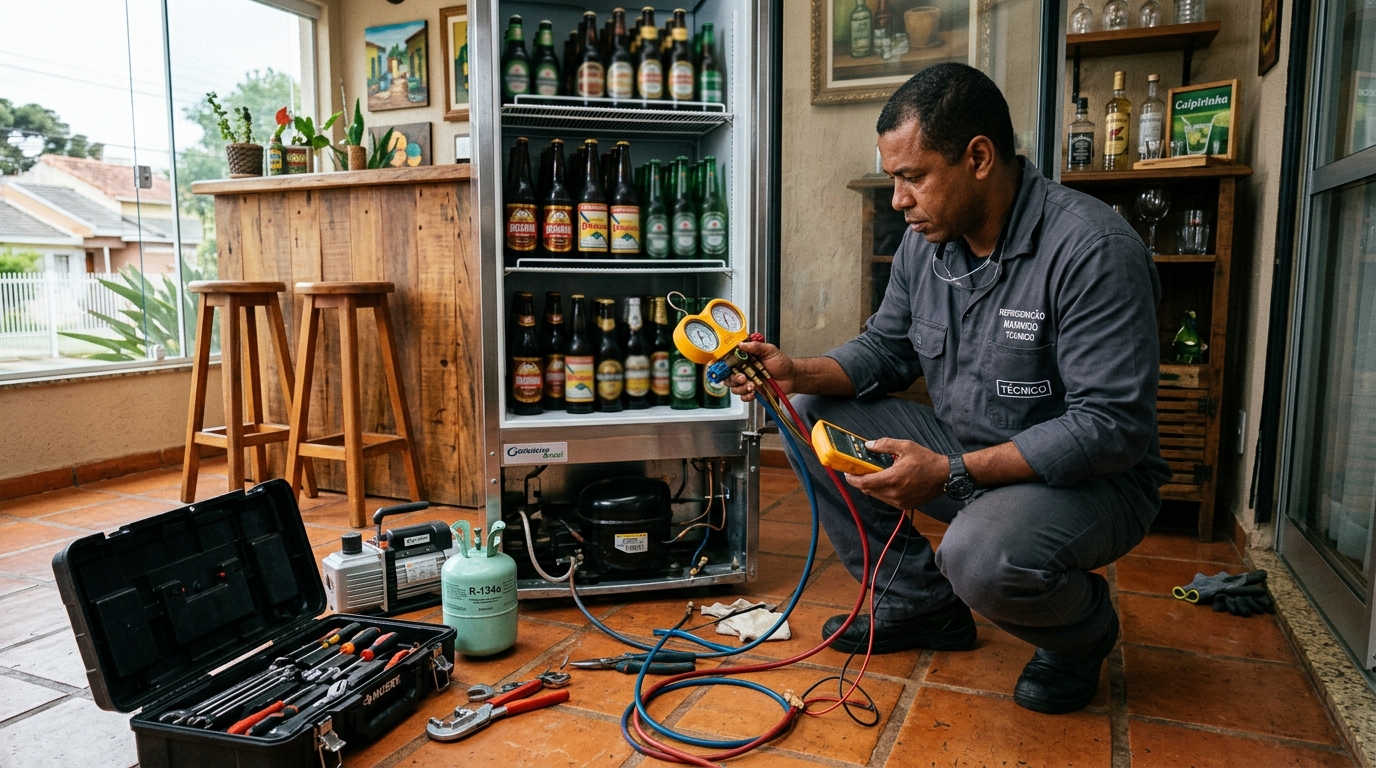 Técnico revisando o motor de uma cervejeira durante chamado em João Pessoa‑PB