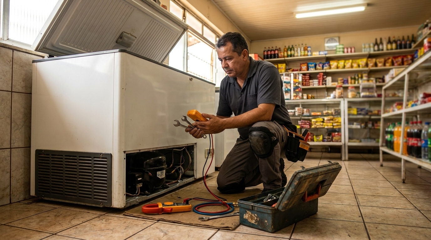 Técnico reparando o motor de um freezer horizontal em João Pessoa‑PB