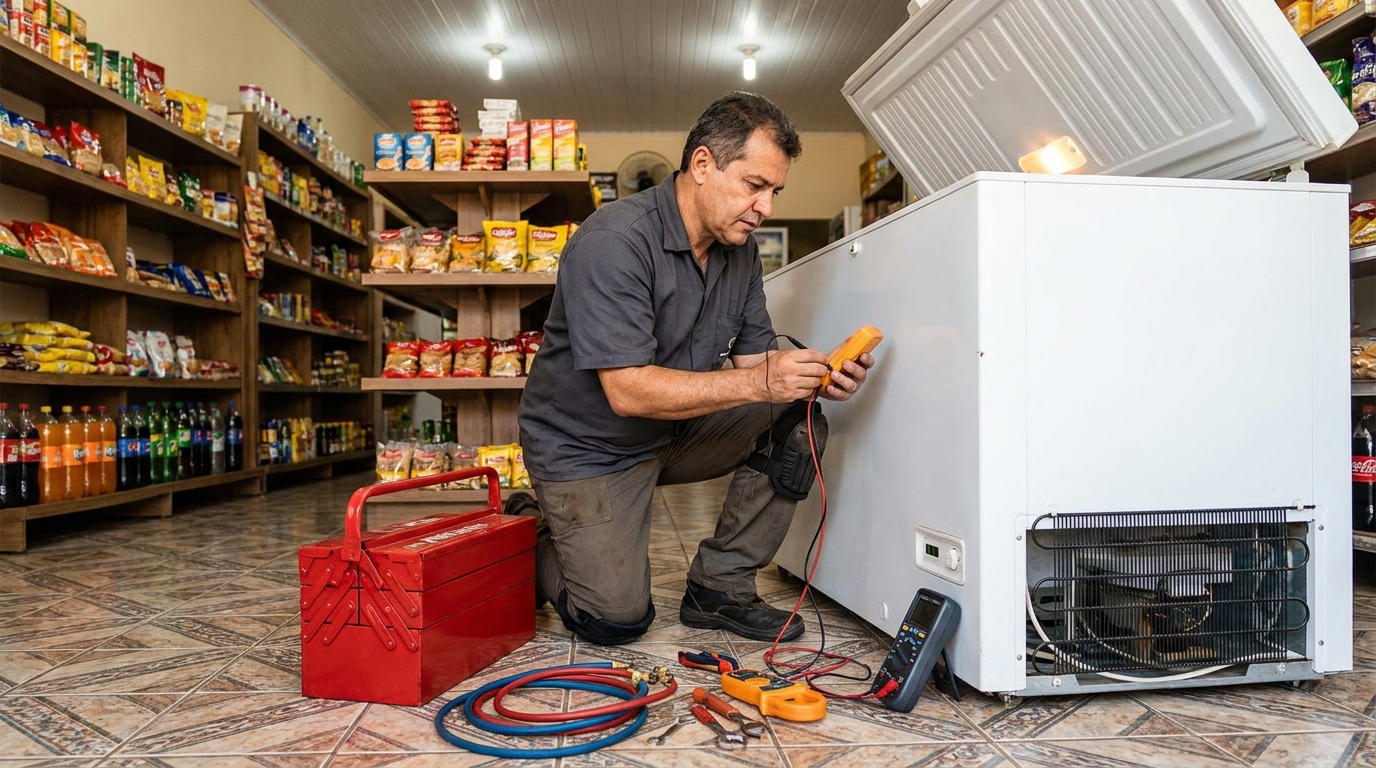 Manômetro conectado ao circuito durante recarga de gás de freezer em João Pessoa‑PB